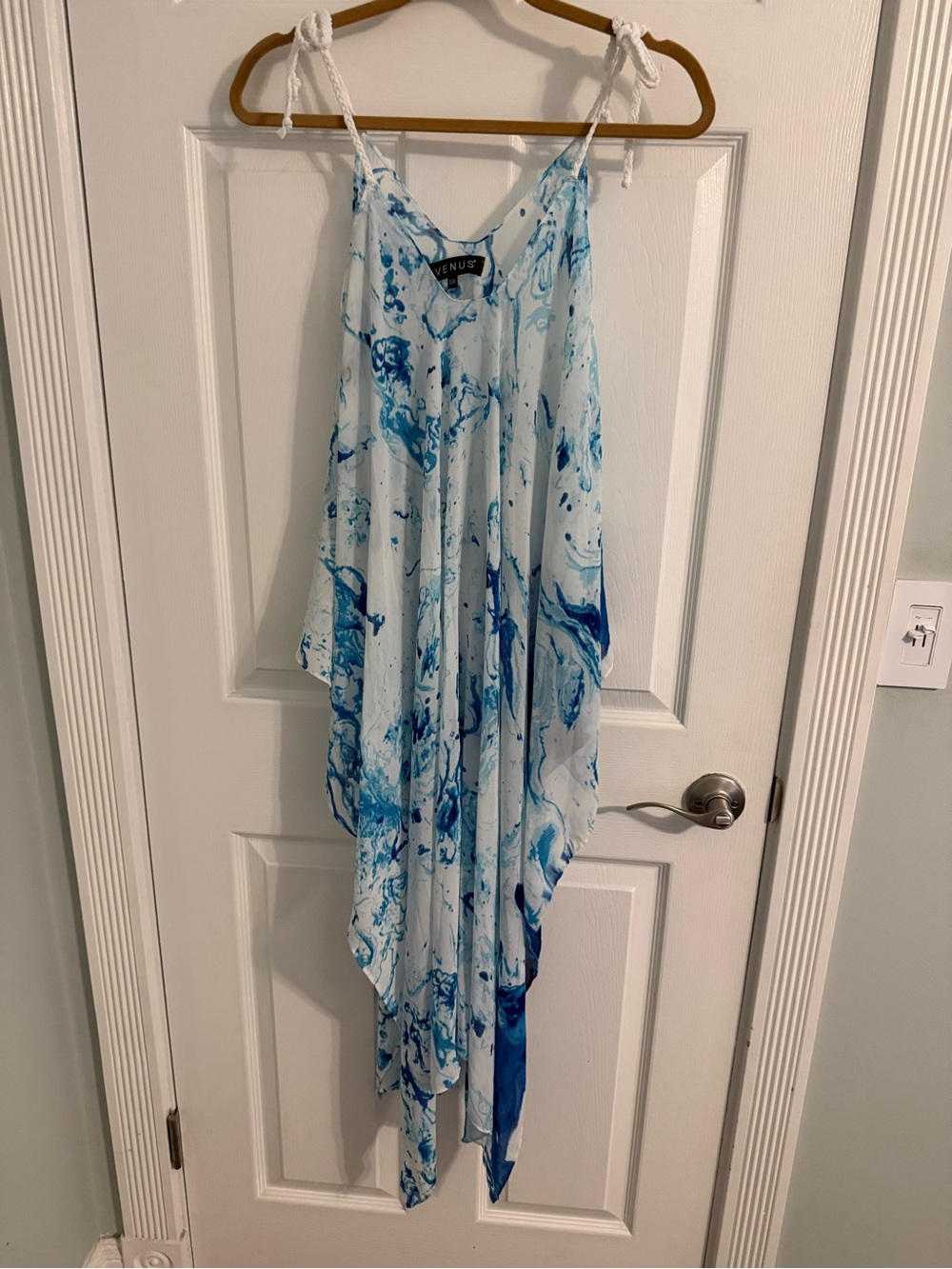 VENUS Blue and White Marble-Print Asymmetrical Maxi Cover Up Dress